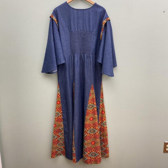 Studio EY Maxi Dress Womens Medium Blue Chambray Bell Sleeve Dashiki Print Boho - Picture 3 of 10